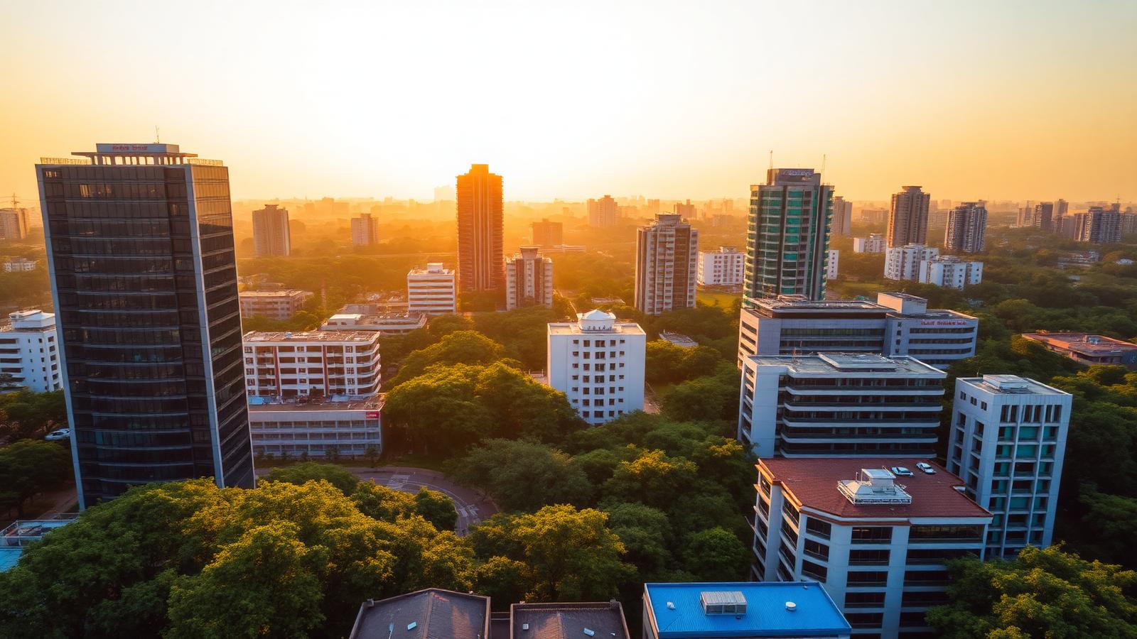 Aerial view of Bengaluru — modern skyline surrounded by greenery